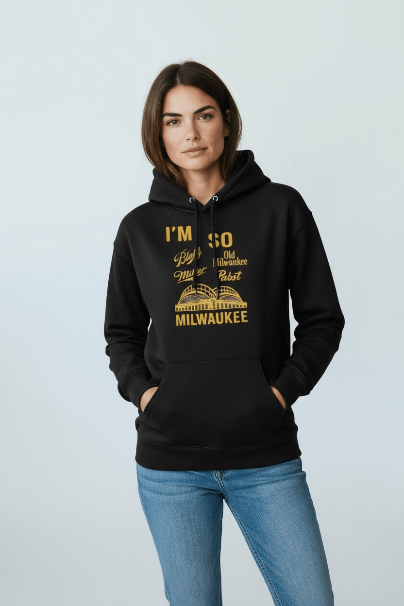 I'm So Milwaukee - Hoodie American Family Field w Iconic Beer Brands worn by a model, celebrating Milwaukee culture.